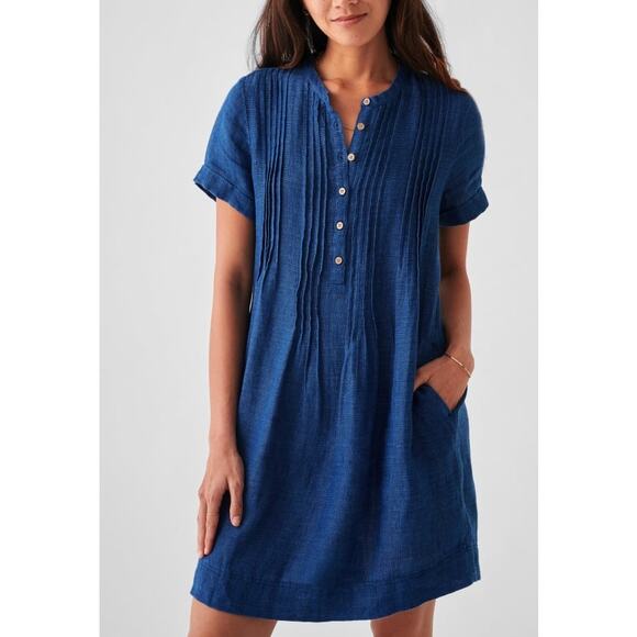 Faherty Gemina Linen Dress Pintuck Indigo Blue Short Sleeves Women Size Small - Picture 10 of 10